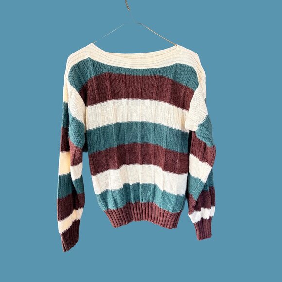 Fashion Workshop Vintage Striped Chunky Knit Sweater Cream Teal Brown Medium - Picture 1 of 5